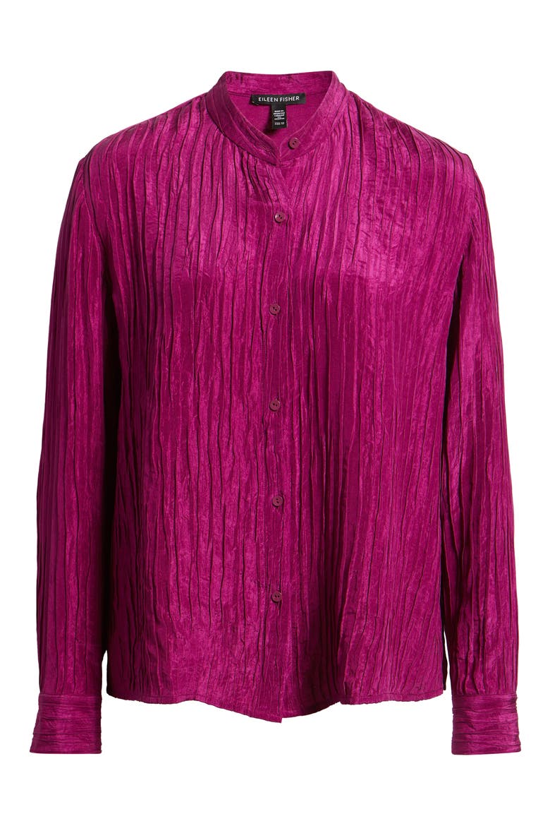 Mandarin Collar Silk Button-Up Shirt, Alternate, color, BERRY BLOOM