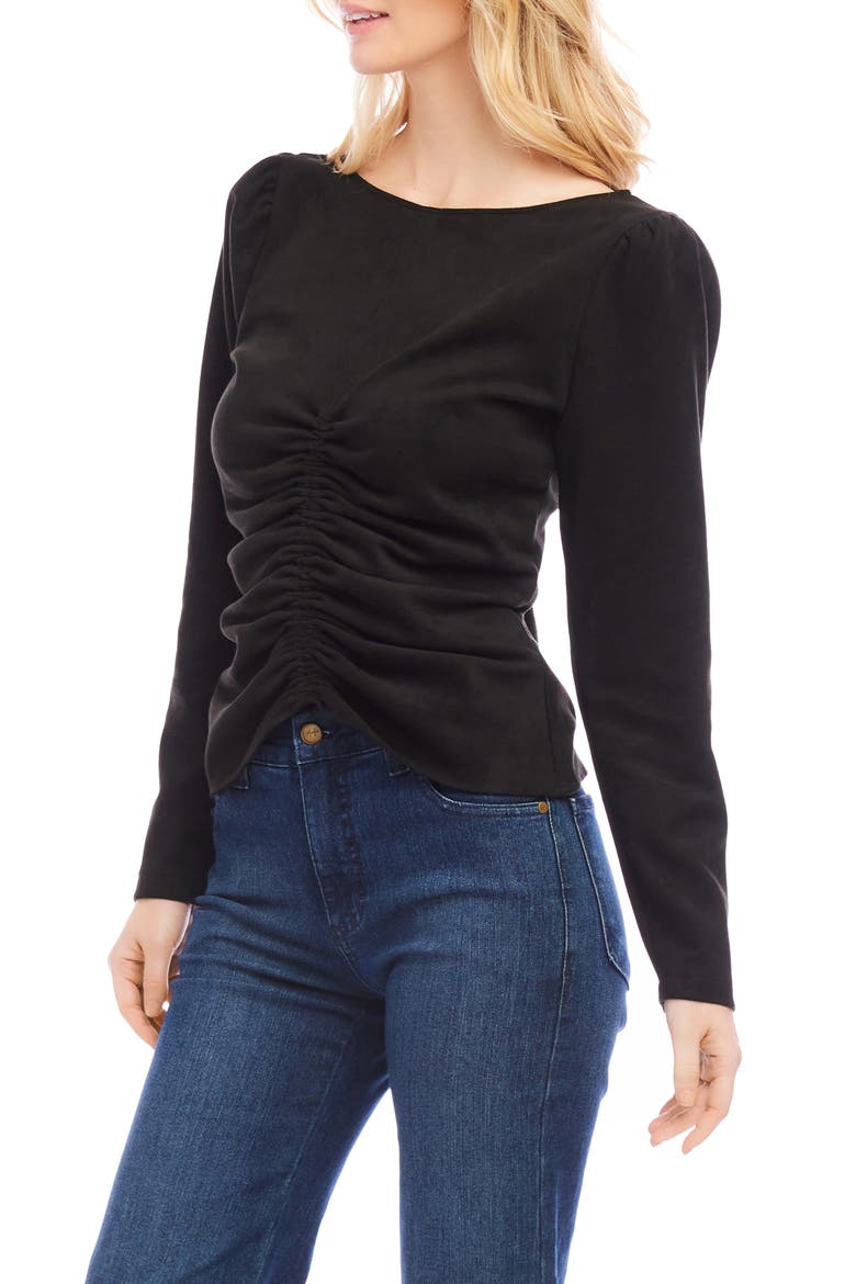 Faux Suede Shirred Long Sleeve Top, Alternate, color, BLACK