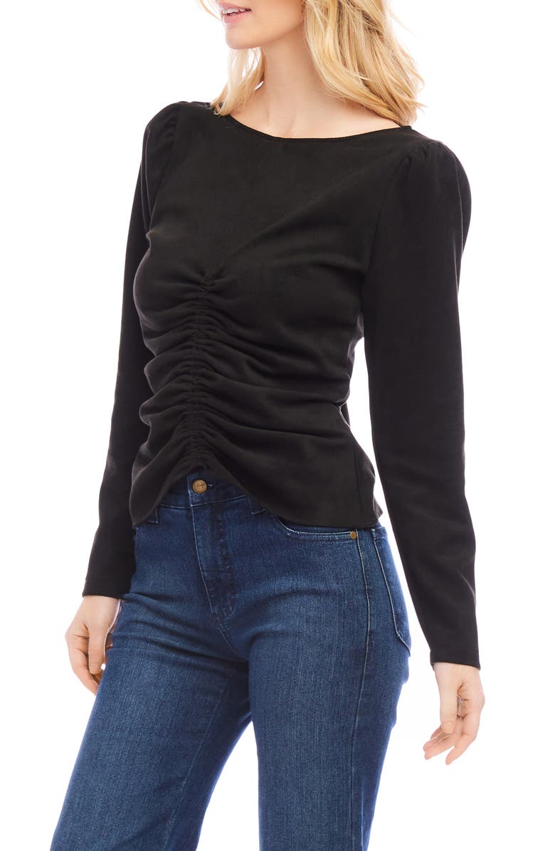 Karen Kane Faux Suede Shirred Long Sleeve Top, Alternate, color, Black