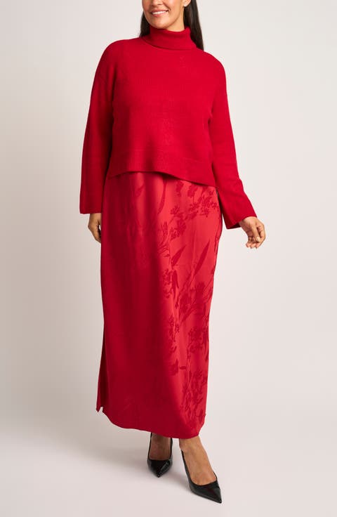 Turtleneck Sweater & Satin Midi Dress Set