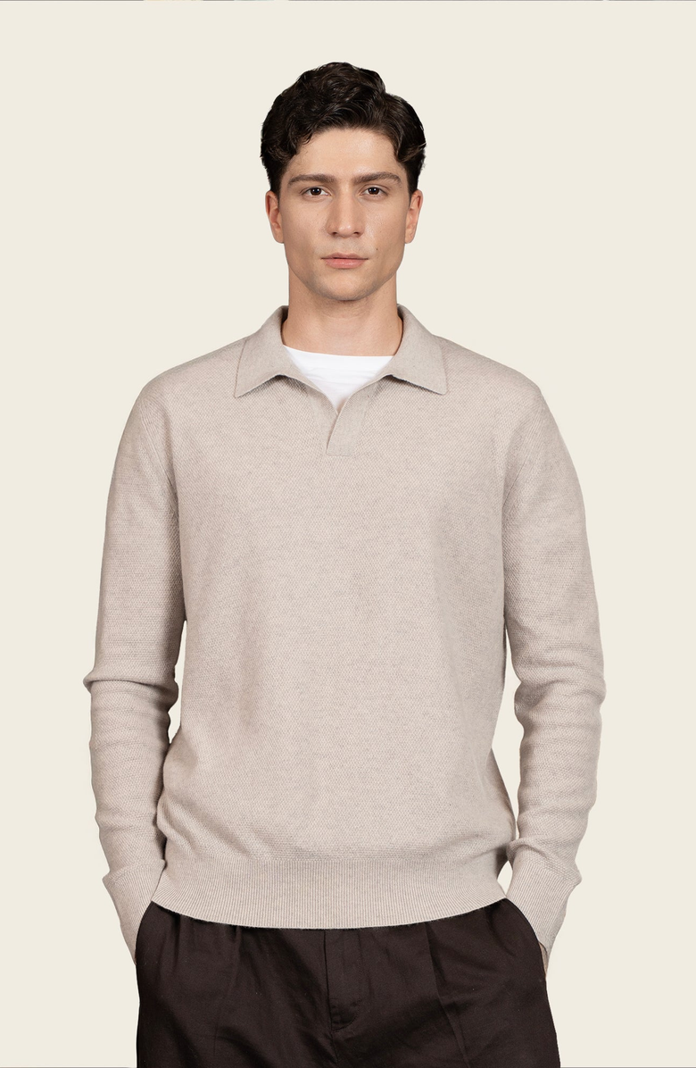 Italic Olivier Birdseye Cashmere Long Sleeve Polo, Main, color, Toasted Oat