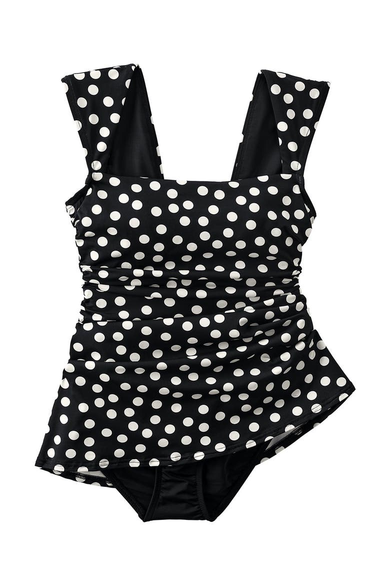 NEW Smoothing Square Neck Ruched Swim Dress Swimsuit, Alternate, color, Black/Egret White Tossed Dots