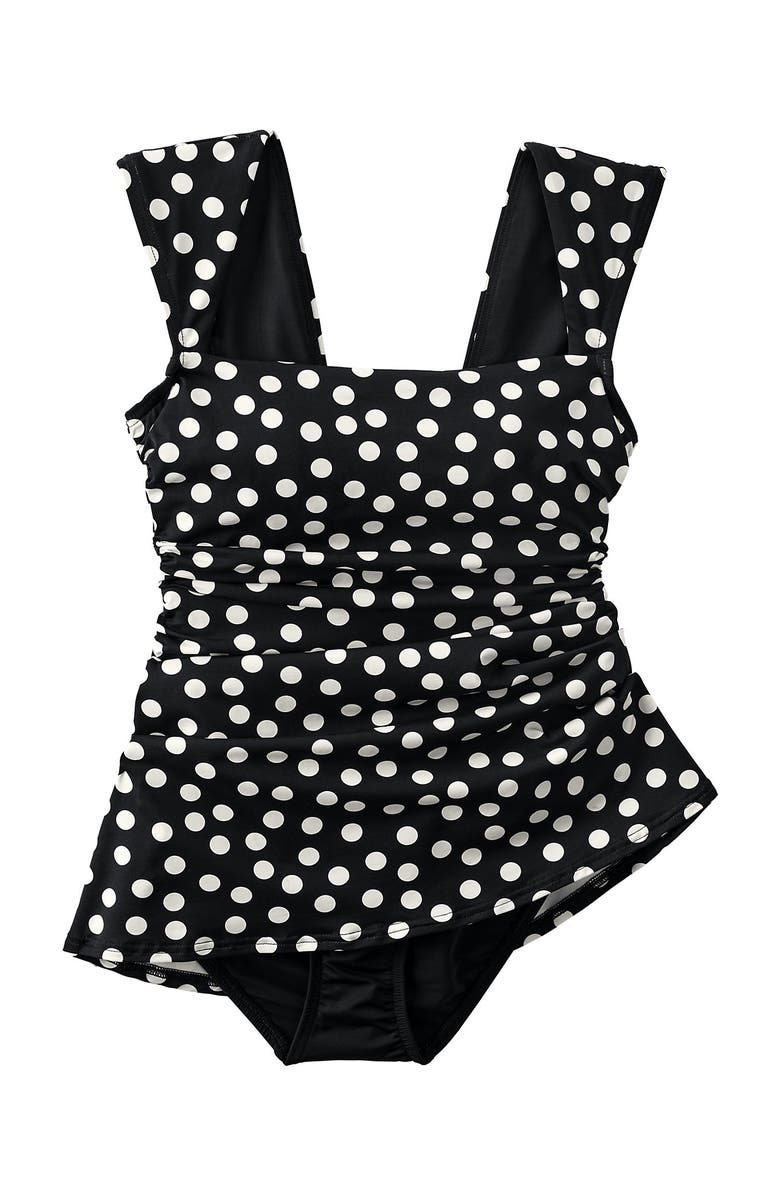 Lands' End Chlorine Resistant Square Neck Ruched Swim Dress One Piece Swimsuit, Alternate, color, Black/Egret White Tossed Dots