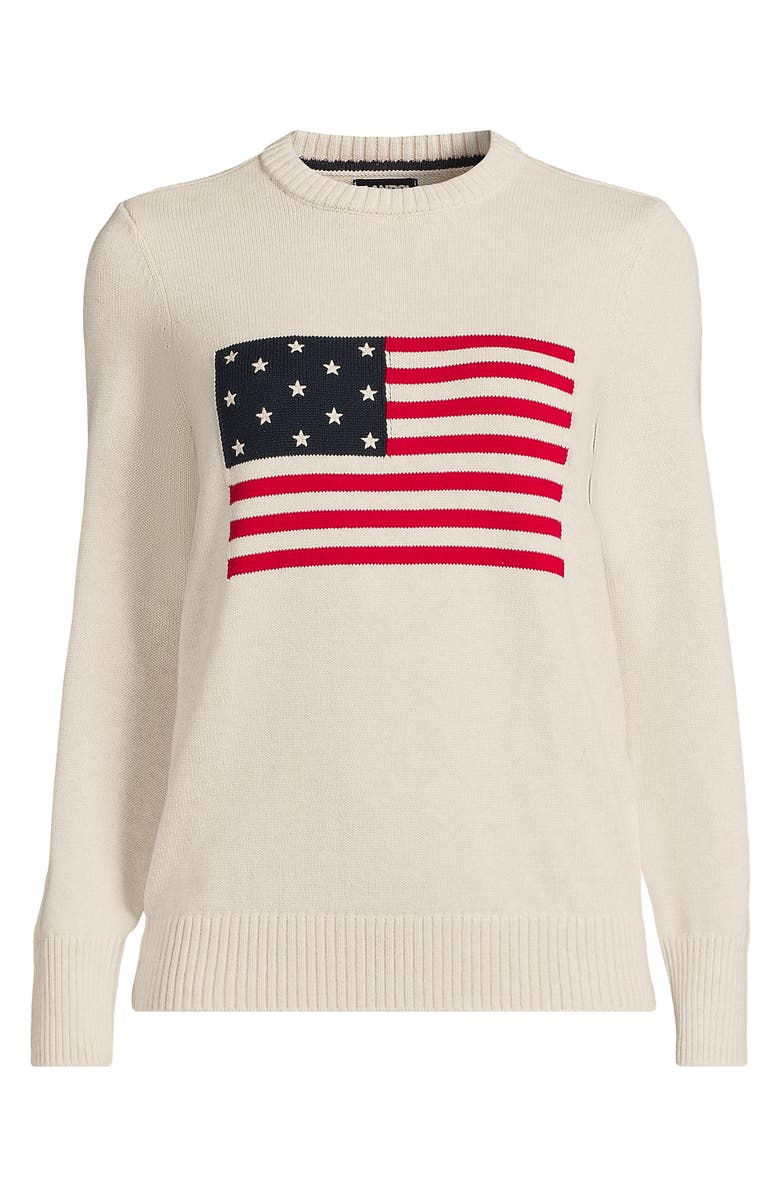 Lands' End Cotton Drifter Crew Neck Sweater - Embroidered, Alternate, color, Oatmeal Heather Flag