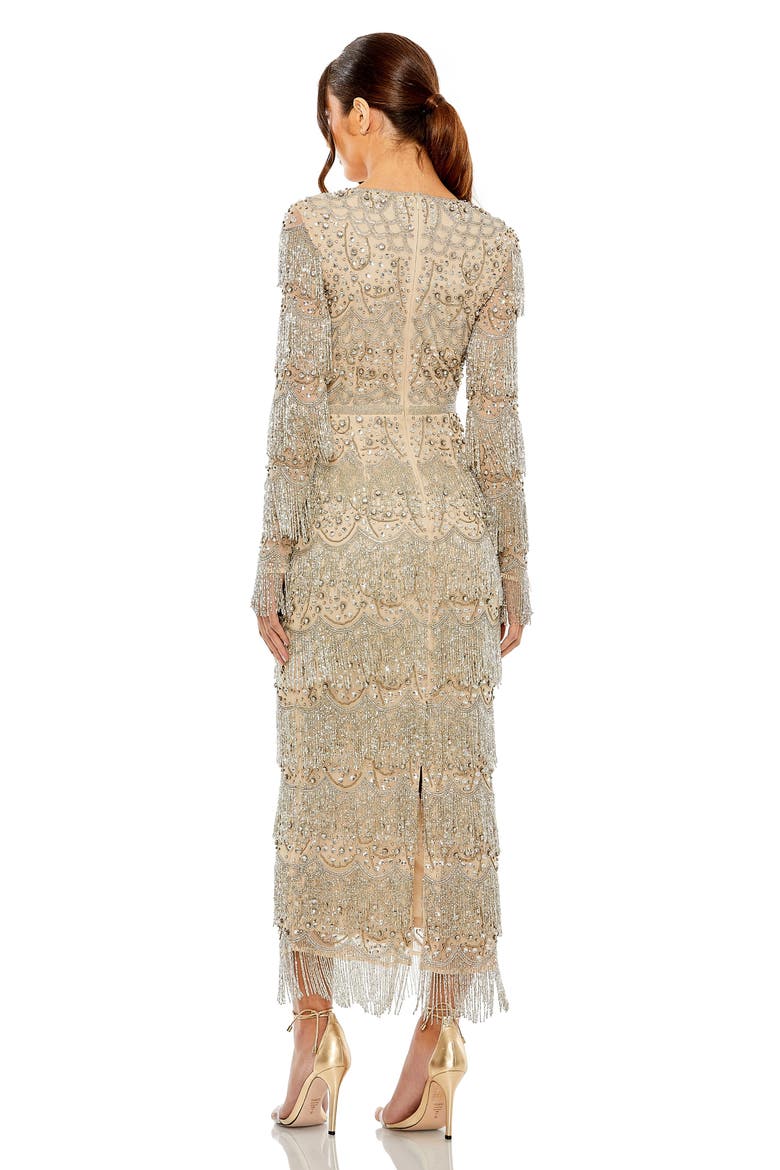 Beaded Fringe V-Neck Long Sleeve Gown, Alternate, color, Nude Silver