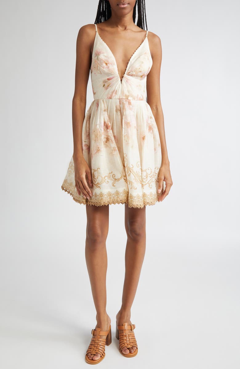 Zimmermann Hypnotic Plunge Neck Linen & Silk Minidress, Main, color, Cream Peony