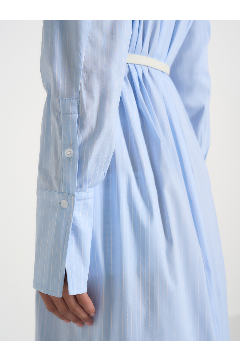Isa Belted Pinstripe Cotton Midi Shirt Dress, Alternate, color, Pale Blue