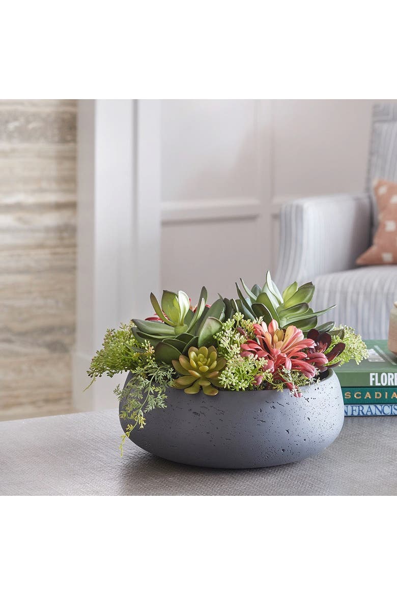 Round Artificial Succulent Arrangement, Gray Planter, Alternate, color, Grey