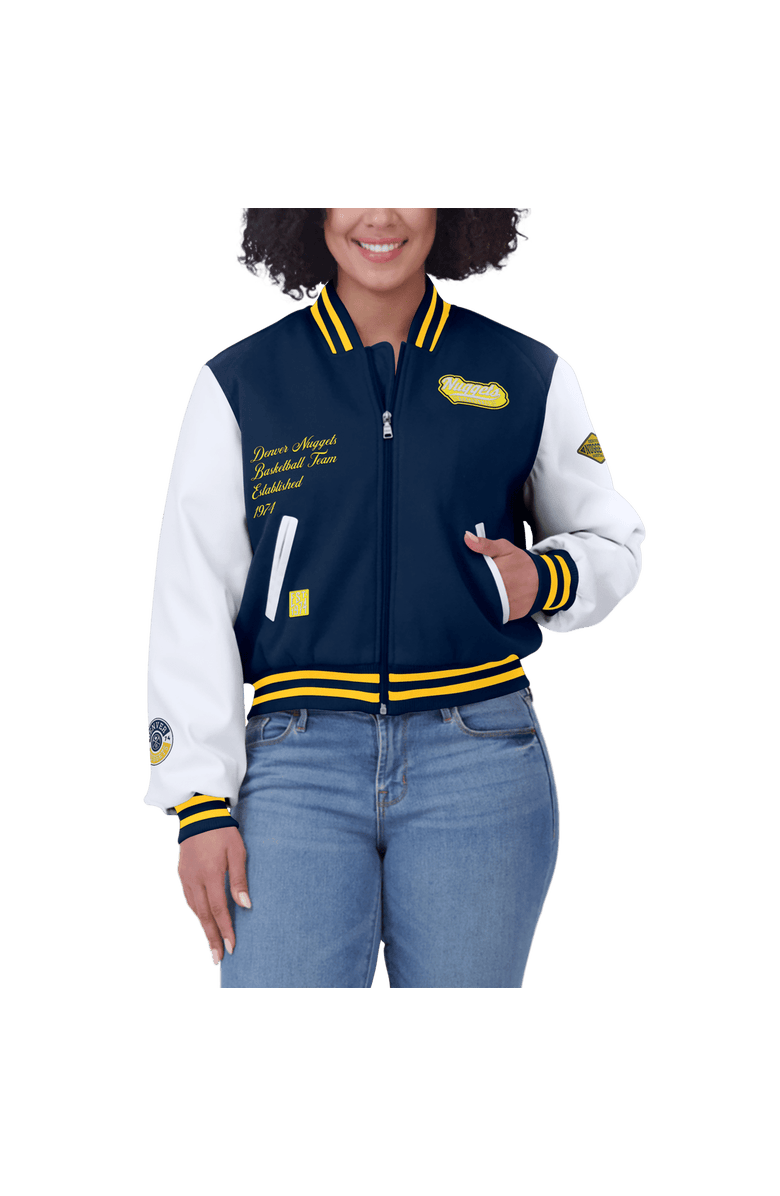 WEAR by Erin Andrews Women's WEAR by Erin Andrews Navy/White Denver Nuggets Cropped Varsity Full-Zip Jacket, Alternate, color,