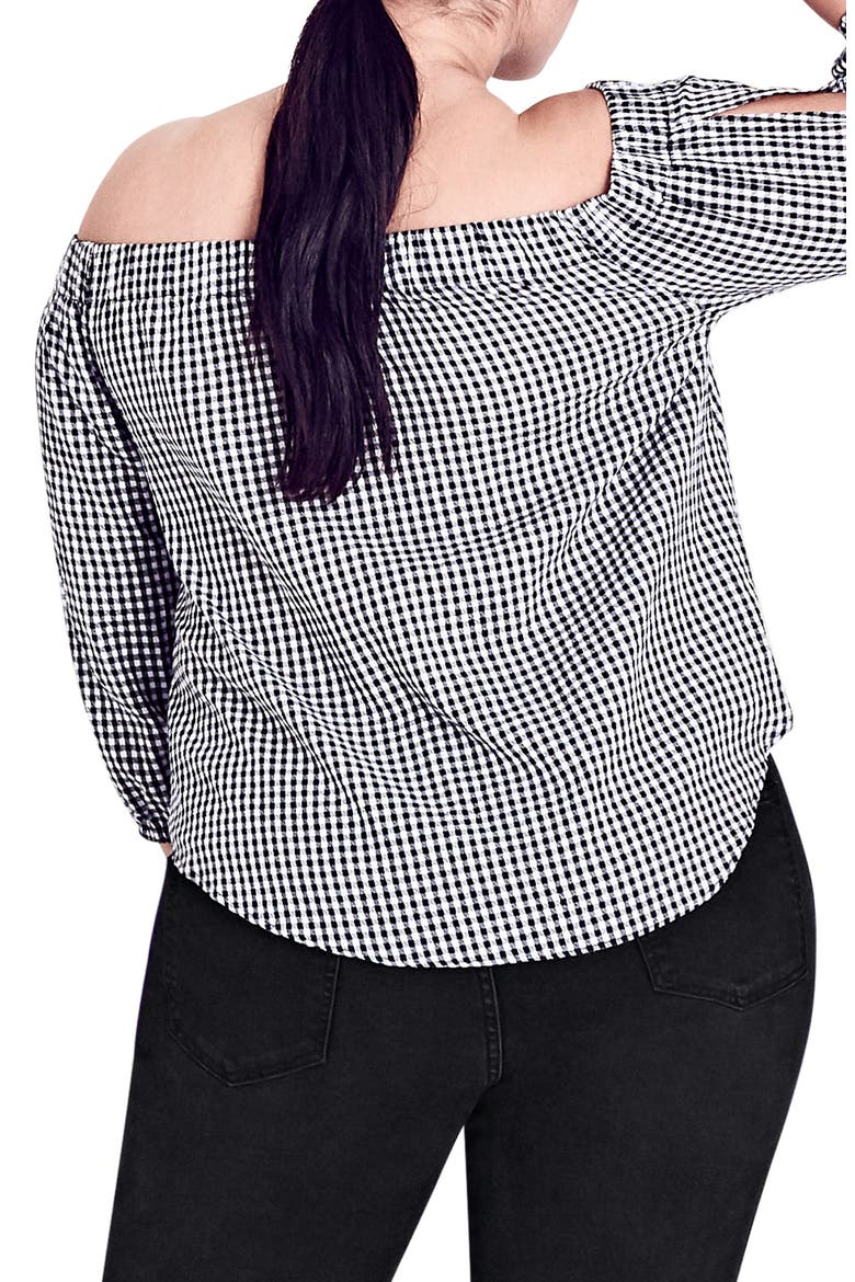 Gingham Off the Shoulder Top, Alternate, color, BLACK / WHITE