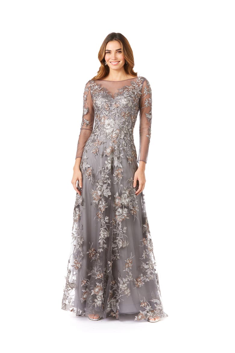 Long Sleeve Modest Lace Gown, Main, color, Grey