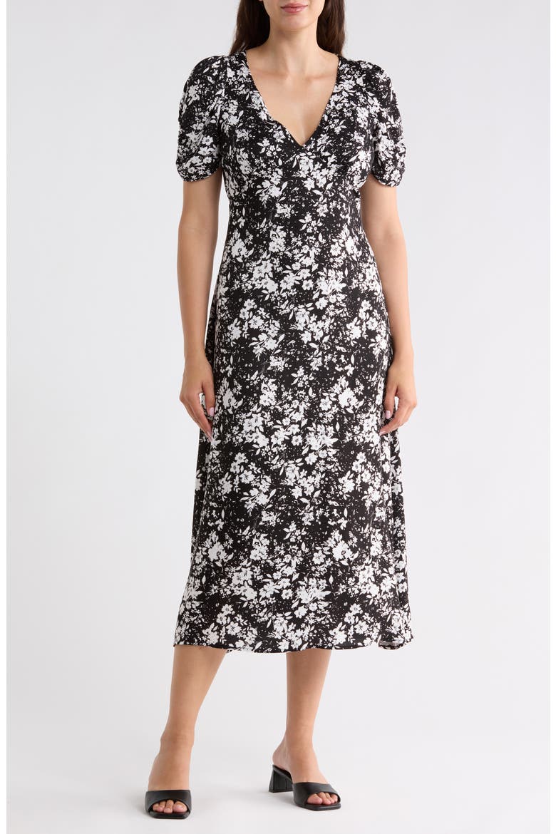 Floral Short Sleeve Midi Dress, Main, color, BLACK