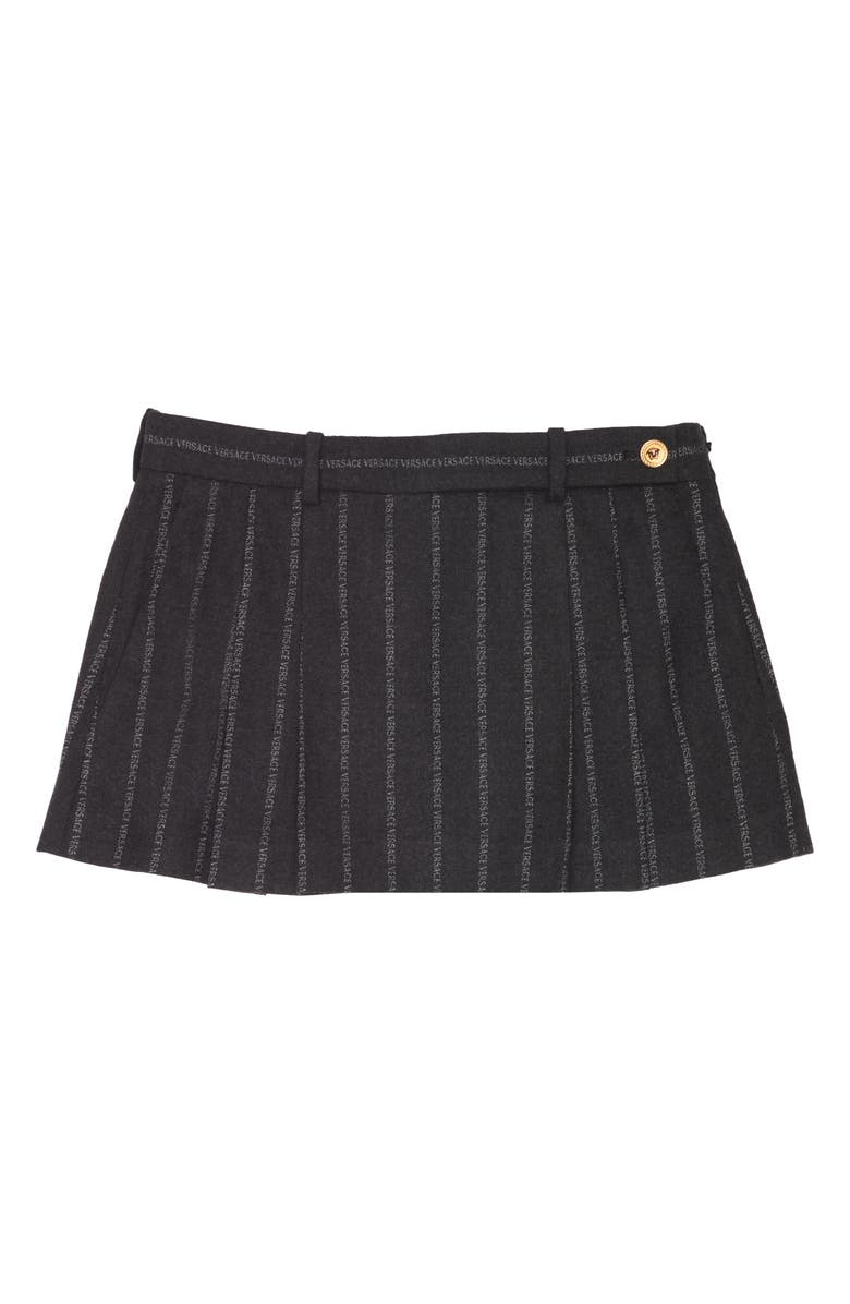 Versace Pleated Pinstripe Logo Wool Blend Miniskirt, Alternate, color, 