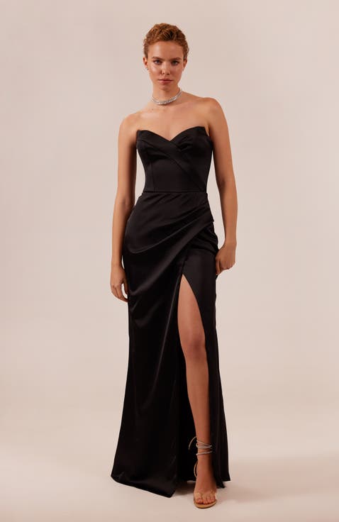 Strapless Formal Occasion Mermaid Evening Gown with Thigh Slit in Black