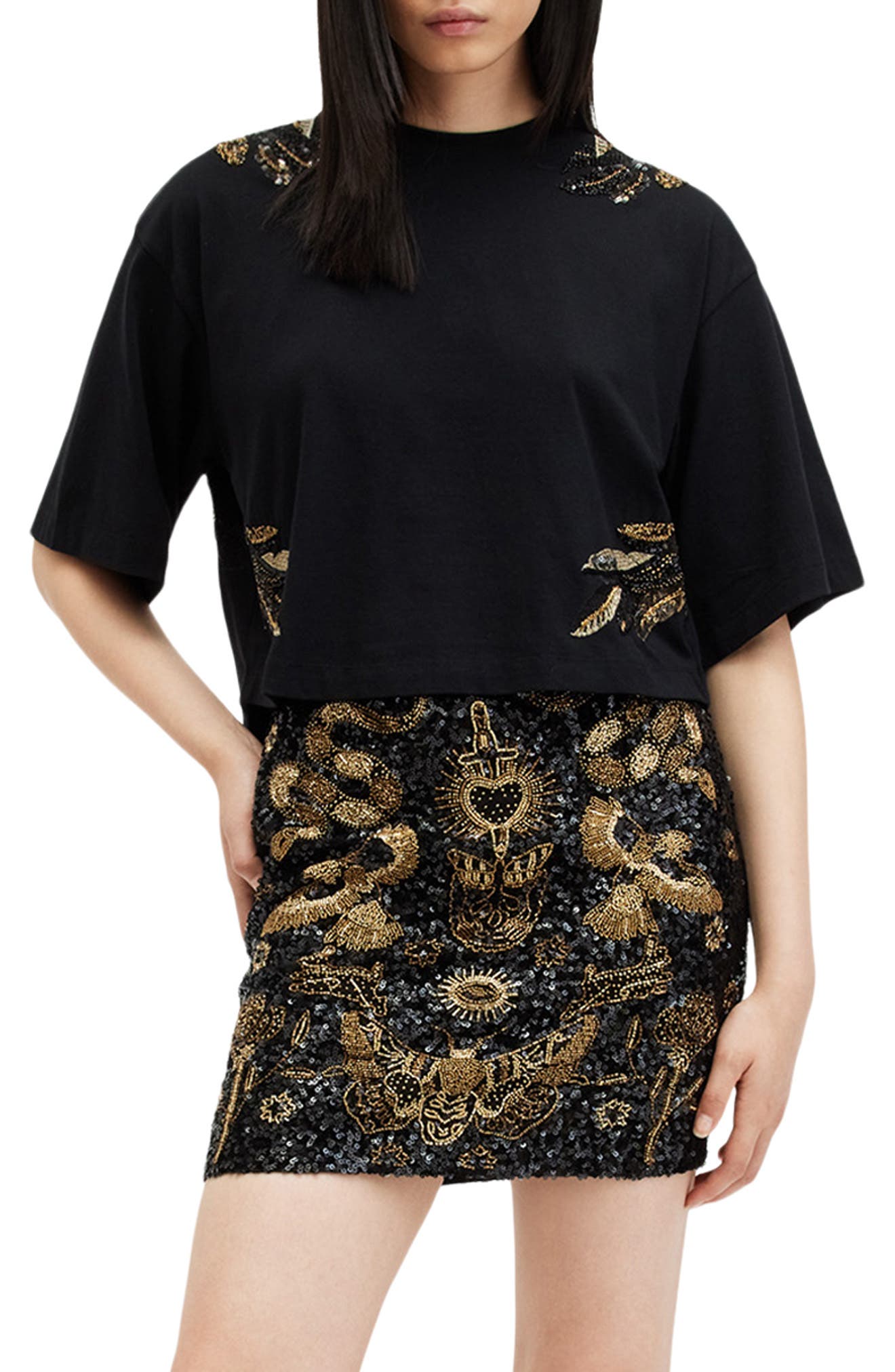 AllSaints Mel Wing Embellished Elbow Sleeve Cotton T-Shirt
