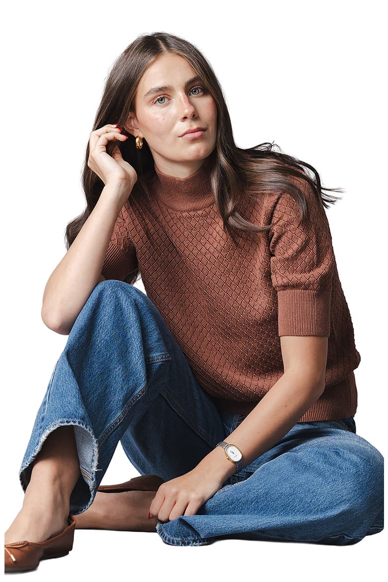 Organic Diamond Stitch Mock Neck Sweater, Alternate, color, Cinnamon Pointelle