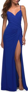 La Femme Net Jersey Long Ruched Gown with Slit and Open Back