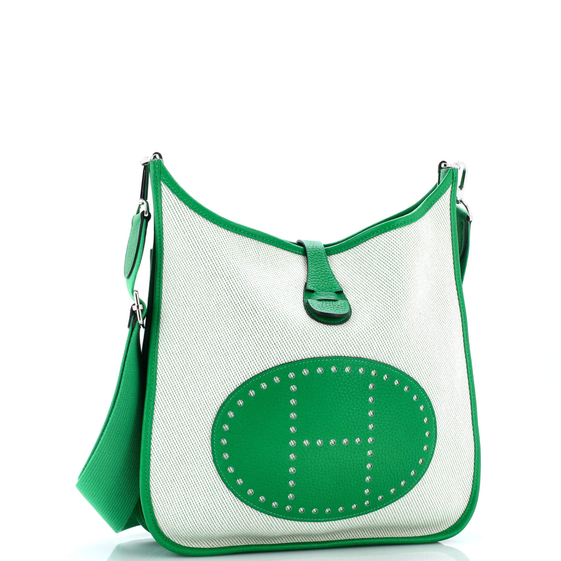 Pre-Owned Hermes Evelyne Bag Gen III Toile and Leather PM, Alternate, color, Green