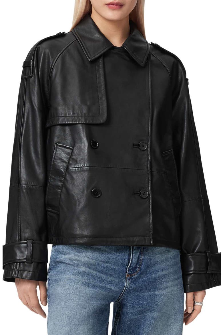 Reya Crop Leather Trench Coat, Main, color, BLACK