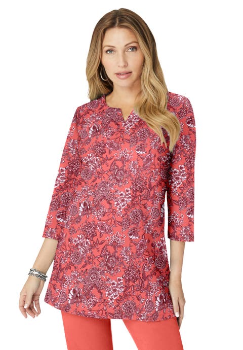 Plus Size Three Quarter Sleeve Notch Neck Soft Knit Tunic