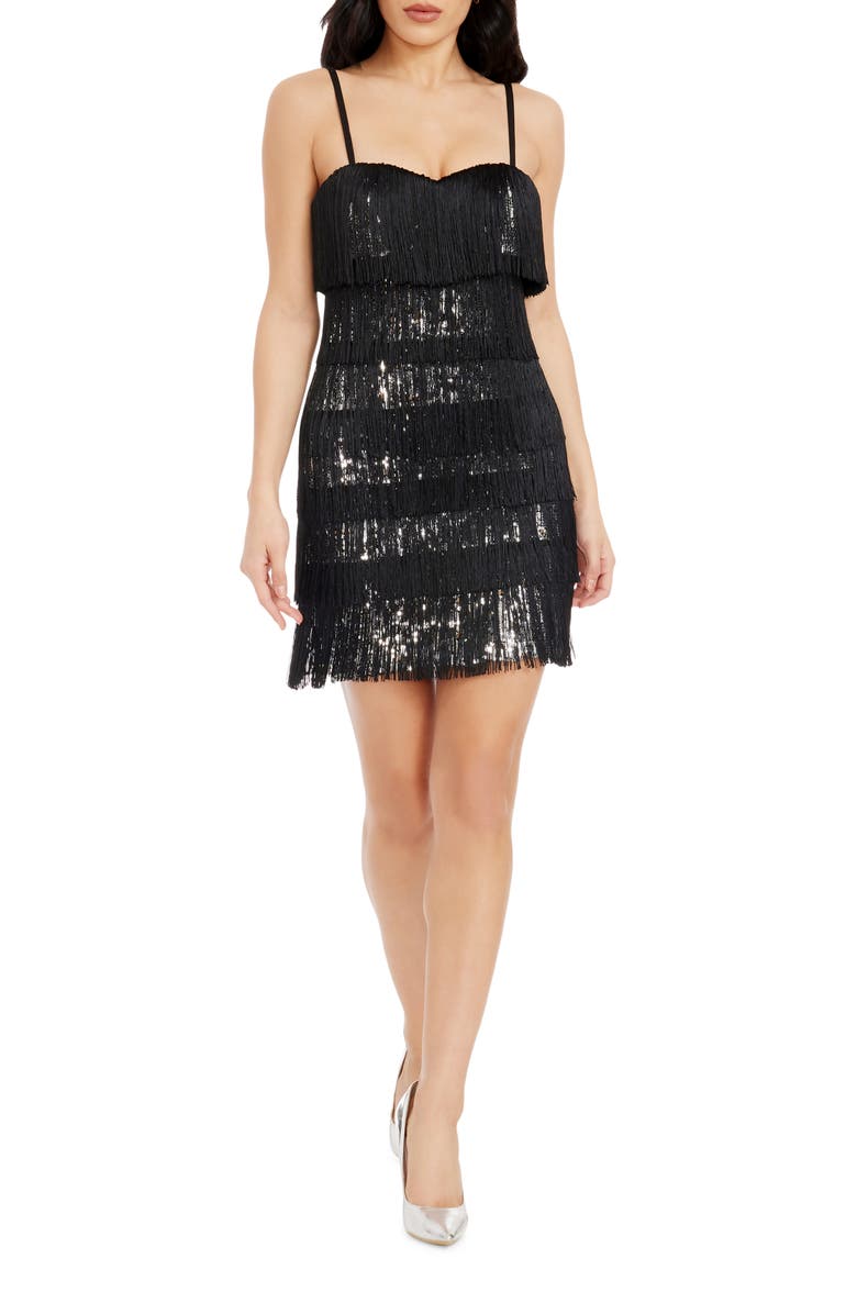 Dress the Population Rebecca Sequin & Tiered Fringe Cocktail Minidress, Main, color, Black-Silver