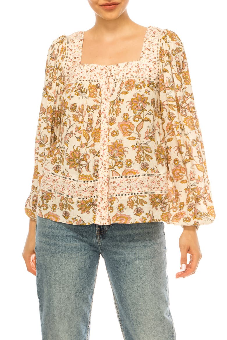 Mixed Print Lace Trim Top, Main, color, NATURAL