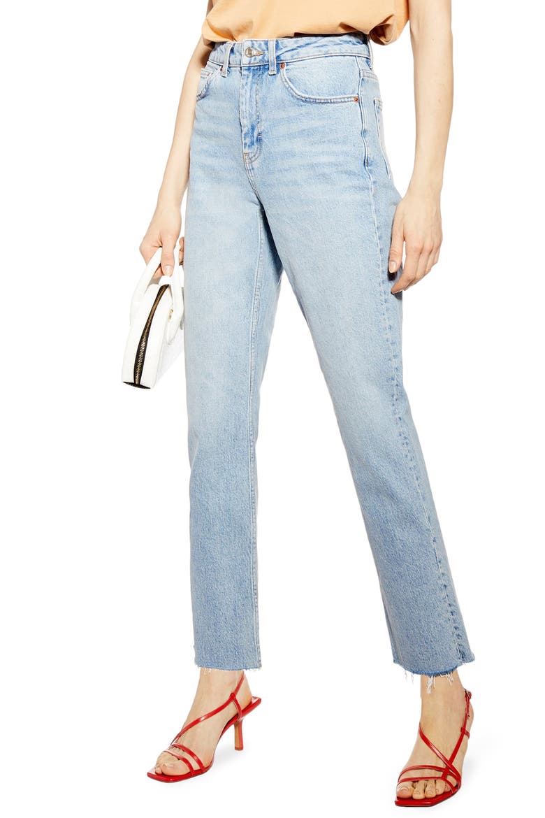 High Waist Raw Hem Straight Leg Jeans, Main, color, BLEACH STONE DENIM