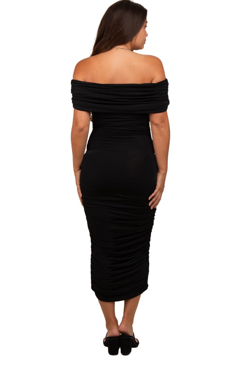 PinkBlush Off Shoulder Ruched Midi Dress, Alternate, color, Black