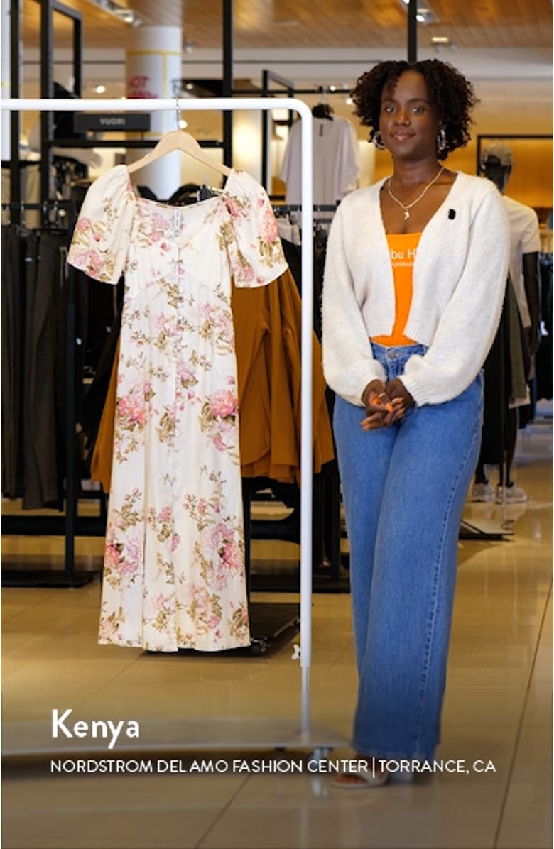 Floral Flutter Sleeve Linen Blend Midi Dress, sales video thumbnail