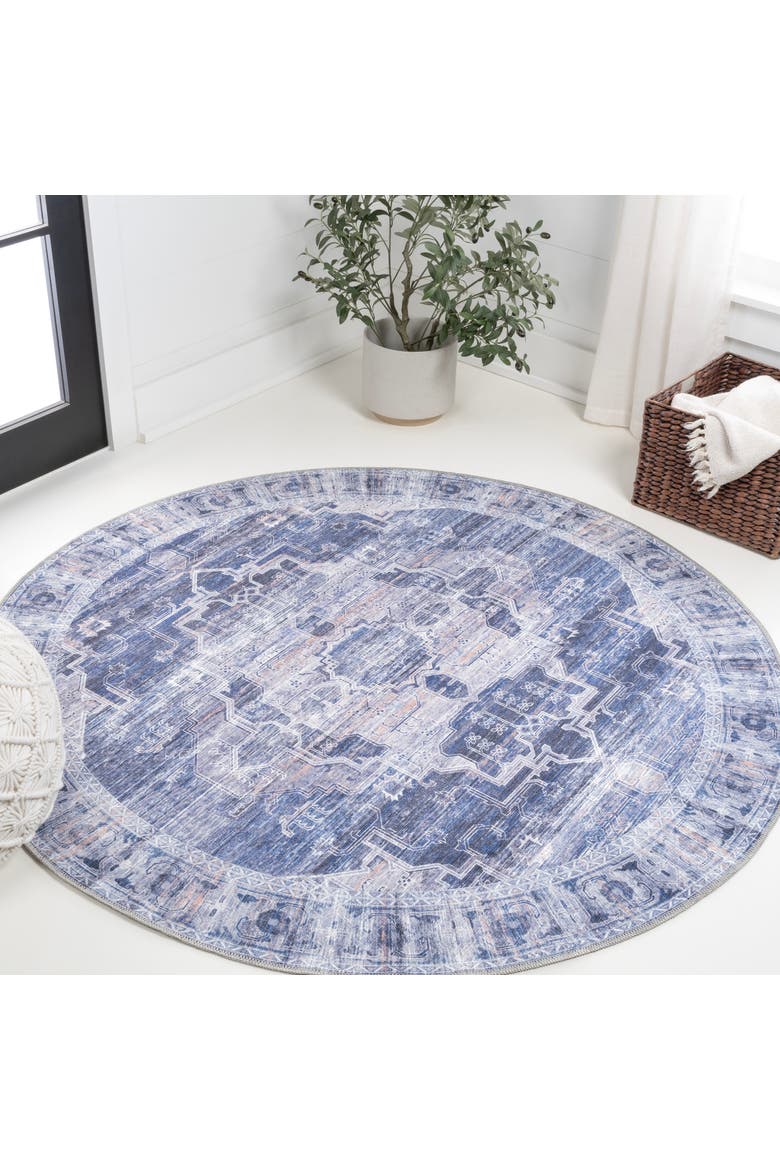 Alanya Ornate Medallion Machine-Washable Round Area Rug, Alternate, color, Navy/Cream