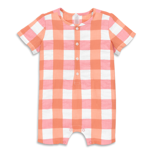 Primary Baby Henley Picnic Shortie In Gingham In Guava Goldfish Gingham