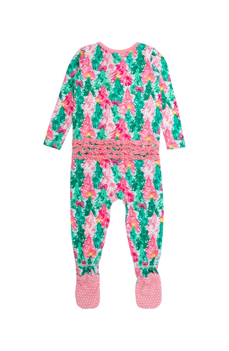 RuffleButts SoftSnooze Girls Holiday Ruffle One Piece Footie Pajamas, Alternate, color, Pink Jolly Grove