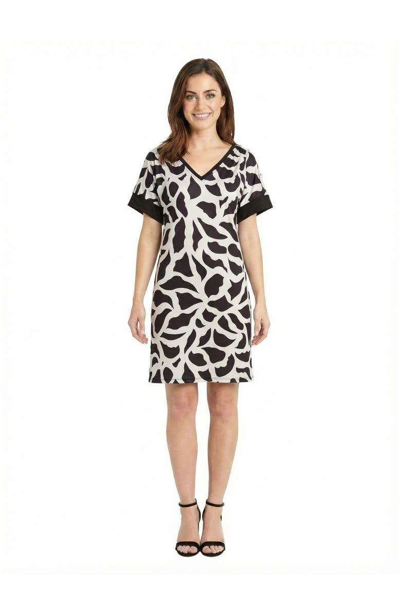 24seven Comfort Apparel Essential Petite Abstract Print Short Sleeve Knee Length T Shirt Dress, Main, color, Black Multi