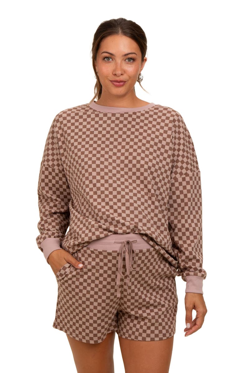 PinkBlush Checkered Plaid Pullover Shorts Set, Alternate, color, Mocha