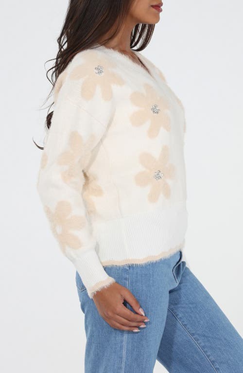 Rain And Rose Rhinestone Embellished V-neck Sweater In Neutral