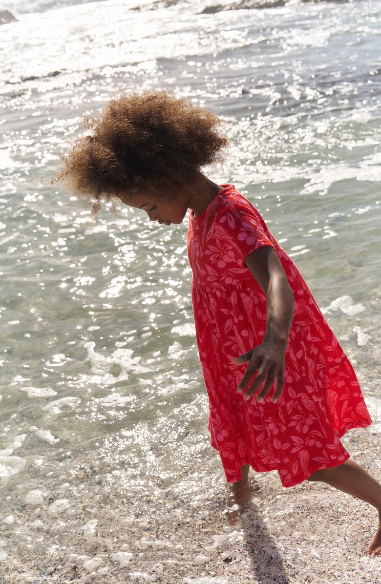 Mini Boden Kids' Ariel Parrot Print French Terry Twirly Dress, Alternate, color, Poppy Red Parrot Palm