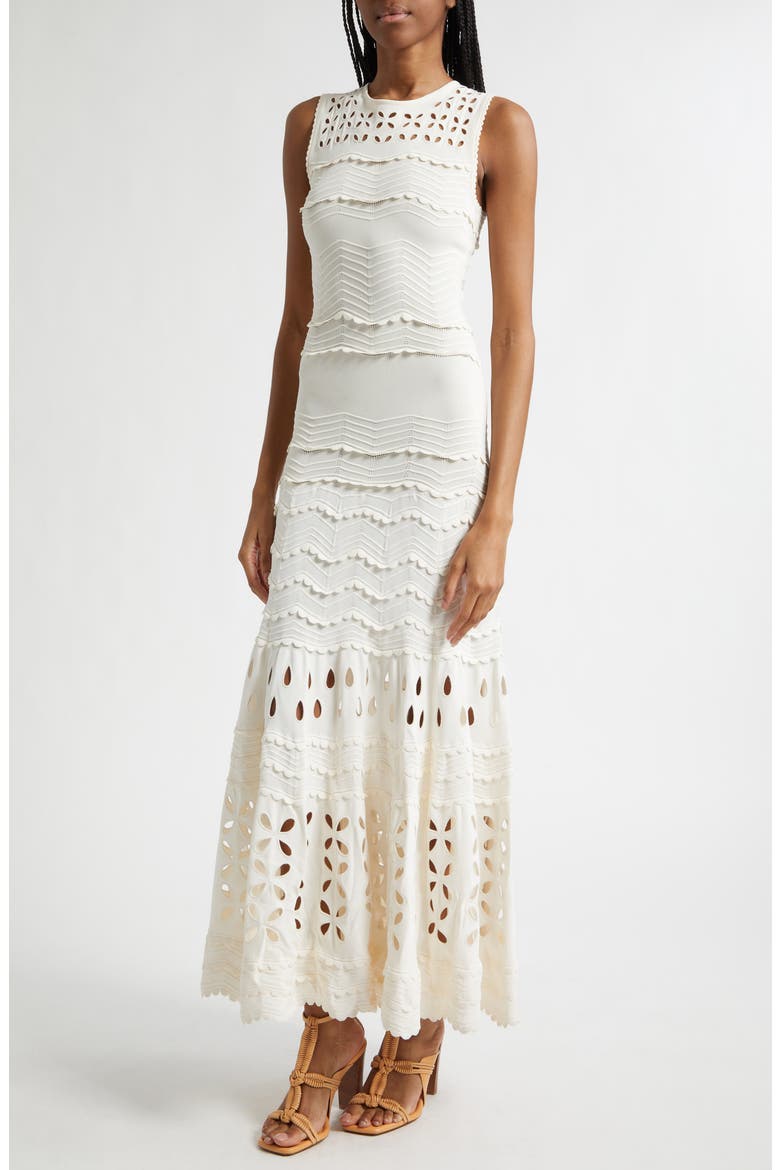 Lakshmi Eyelet Scallop Trim Midi Dress, Alternate, color, COWRIE
