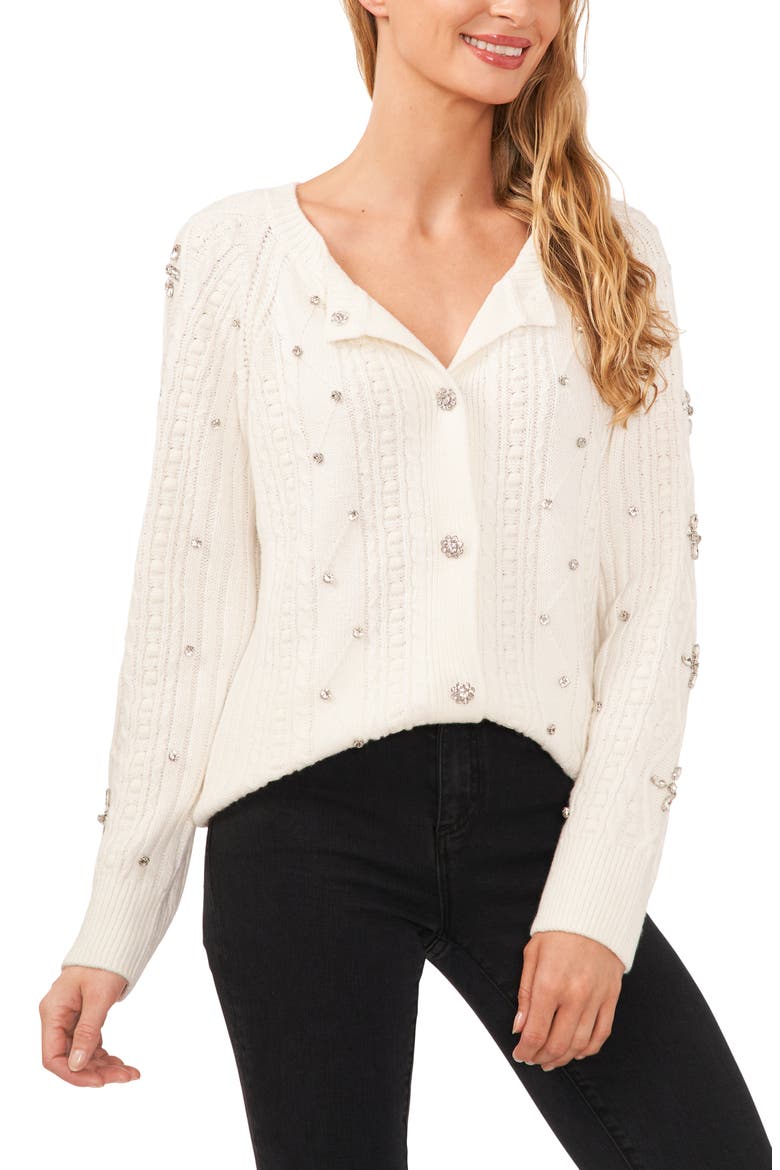 Embellished Cable Stitch Cardigan, Alternate, color, ANTIQ WHITE