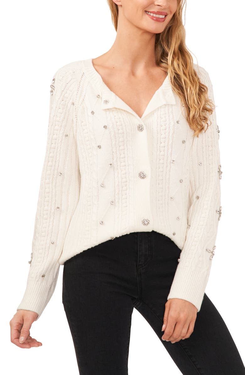 CeCe Embellished Cable Stitch Cardigan, Alternate, color, Antiq White