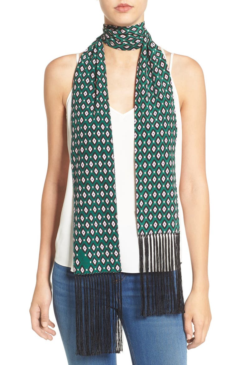 Diamond Print Fringe Trim Silk Skinny Scarf, Main, color, GREEN MULTI