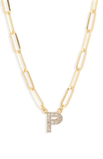 Meshmerise Diamond Initial Charm Paper Clip Chain Necklace In Gold