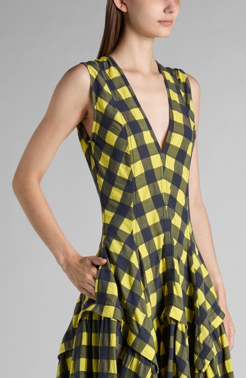 Bottega Veneta Macro Gingham Fit + Flare Dress In 7315 Yellow/shrub/wave