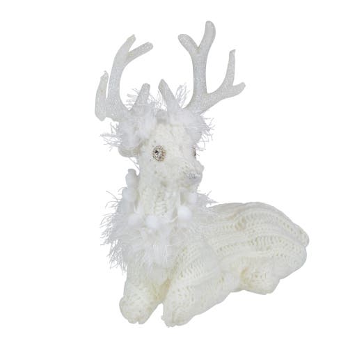 Northlight Cable Knit Sweater Sitting Reindeer Christmas Figure In White