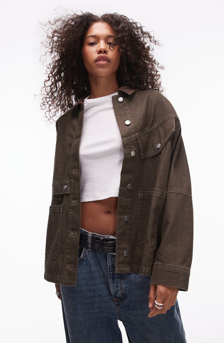Topshop Oversize Corduroy Collar Denim Jacket, Main, color, 