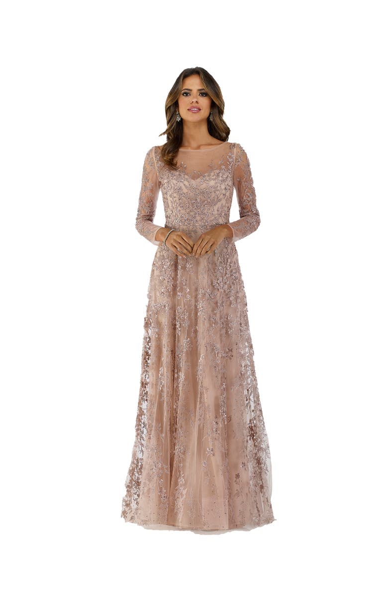 LARA New York Illusion Neckline A-line Long Sleeves Gown, Main, color, Blush
