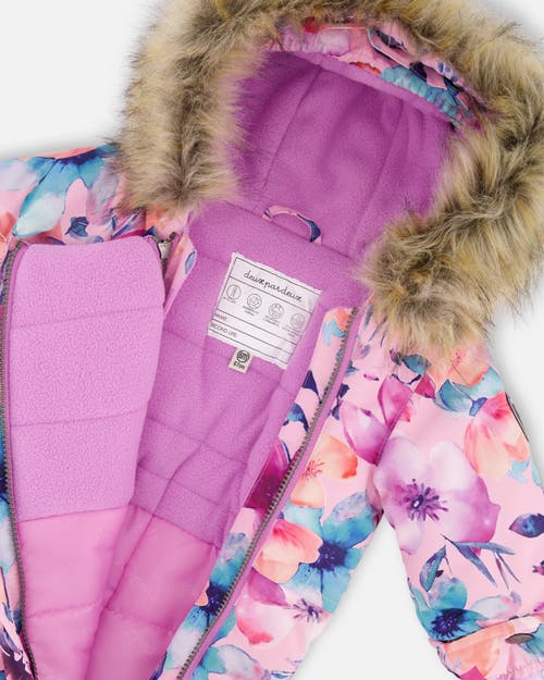 Deux Par Deux One-piece Play Snowsuit Designed For Car Seat Watercolor Flower In Blue
