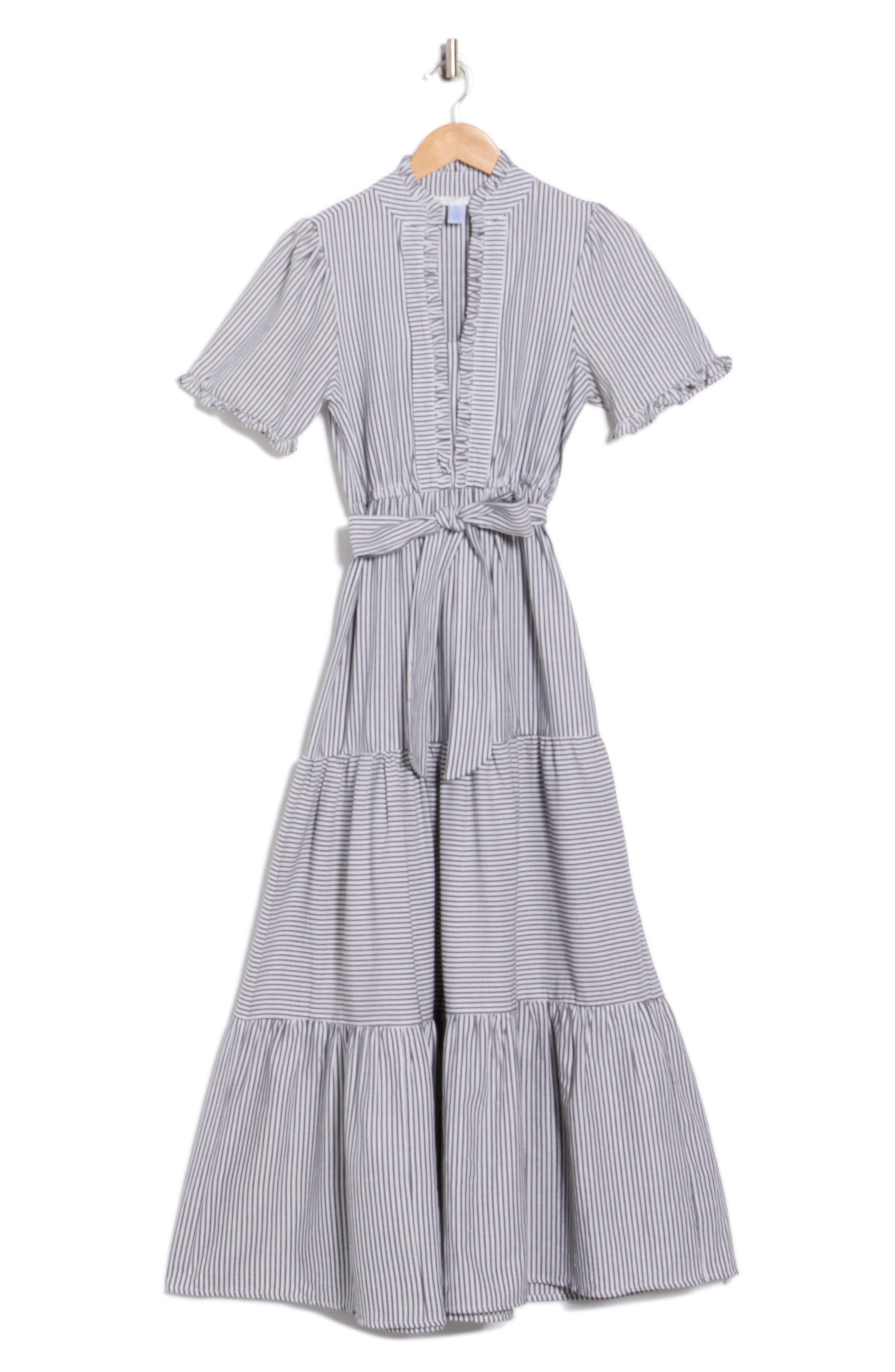 London Times Stripe Short Sleeve Cotton Seersucker Maxi Dress
