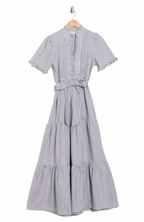 London Times Stripe Short Sleeve Cotton Seersucker Maxi Dress