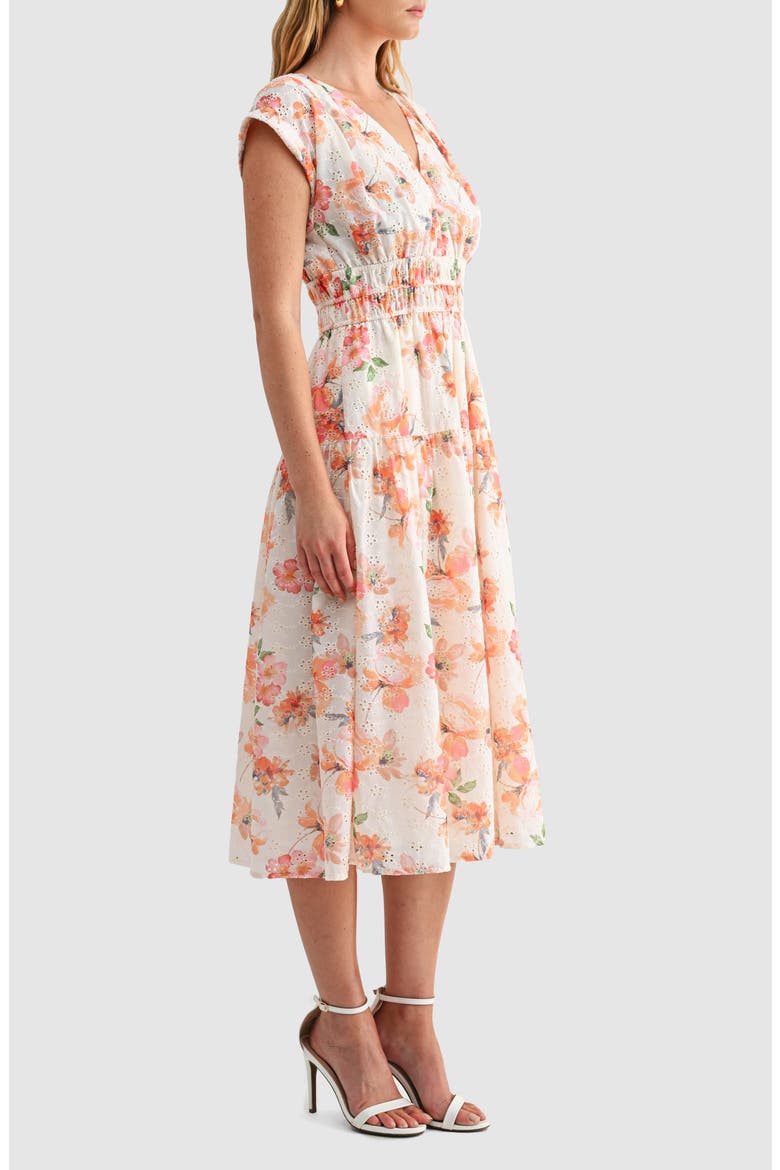 Floral Cap Sleeve Eyelet Cotton A-Line Midi Dress, Alternate, color, ORANGE MAUVE FLORAL