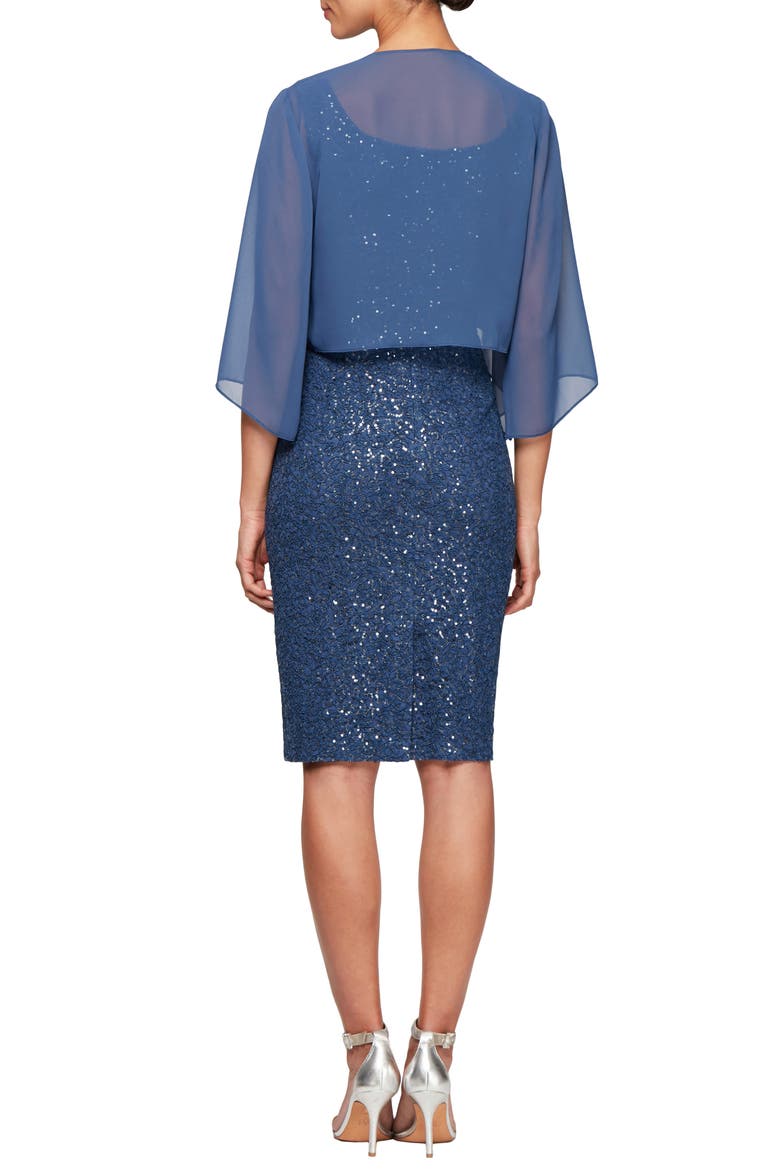 Sequin Lace Cocktail Dress with Capelet Overlay, Alternate, color, WEDGEWOOD